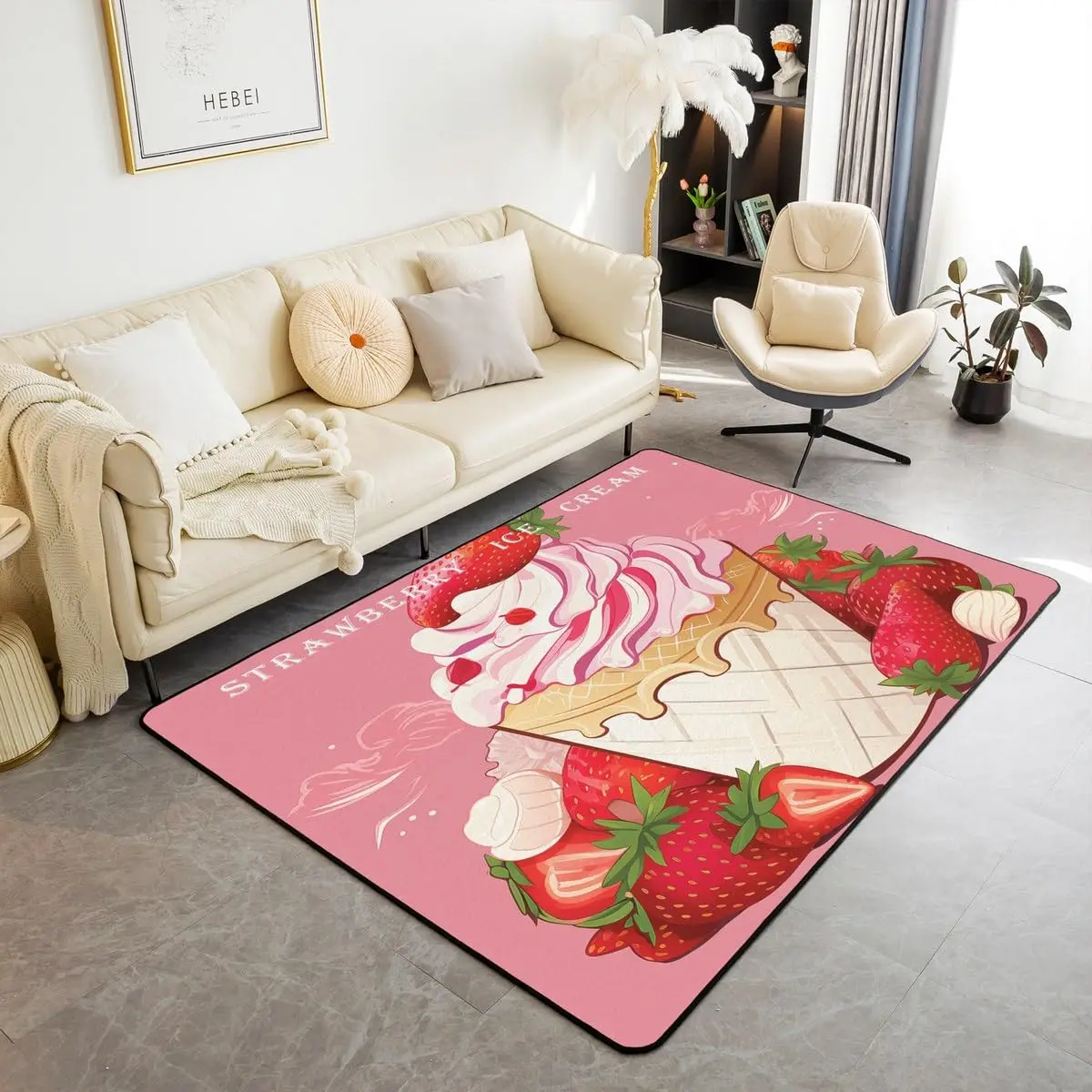 Cartoon Strawberry Ice Cream Area Rug Sweet Fruit Dessert Carpet Summer Cool Theme Indoor Floor Mat for Kids Girls Bedroom Decor
