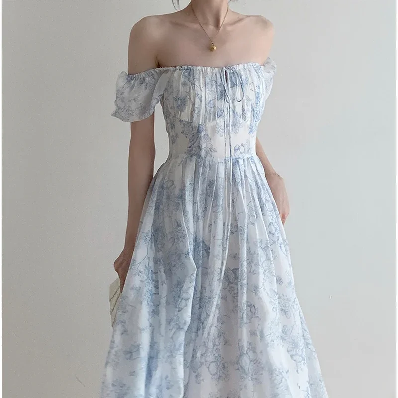 Blue Printed Dress Women Ladies Chic Square Neck  Summer Vacation Dresses Women High Waisted Design Maxi Vestido Party image 2