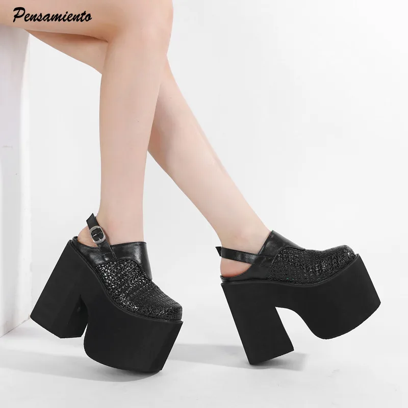 

Модные женские туфли-лодочки в готическом стиле с открытыми блоками, весенне-летние туфли на танкетке и высоком каблуке с открытой пяткой, мотоциклетные туфли на массивном каблуке