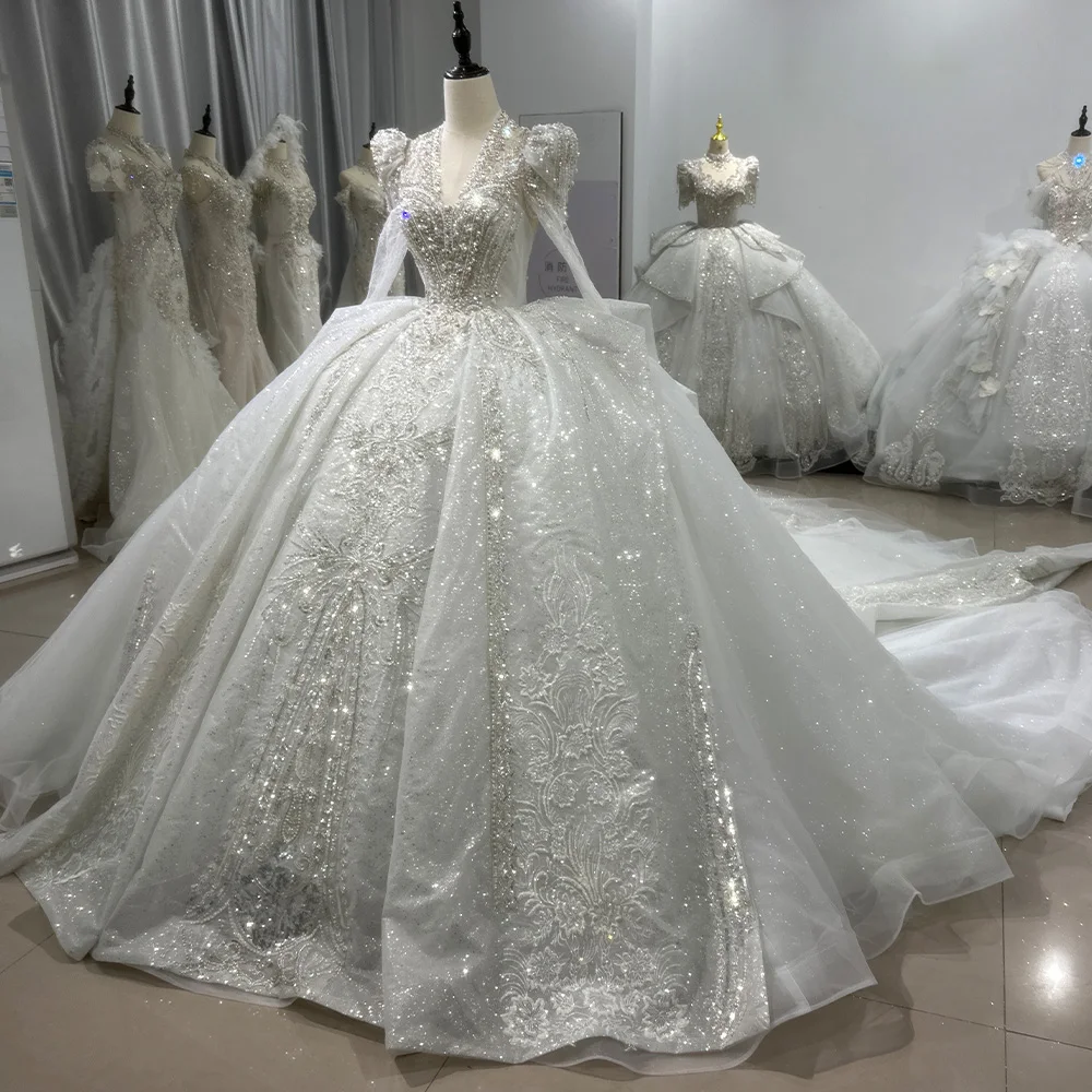 Surprise Price Wedding Dress Ball Gown With Beading Elegan Full Sleeve Wedding Gowns Crystal Lace Up White Vestido De Noiva