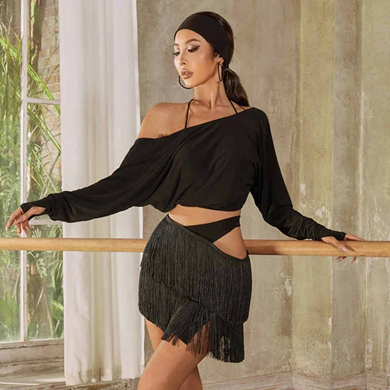 Haut de danse latine Sexy, dos nu, épaules inclinées, jupe à franges irrégulières pour femmes, Rumba Cha Cha, vêtements de danse latine, robe rouge et noire