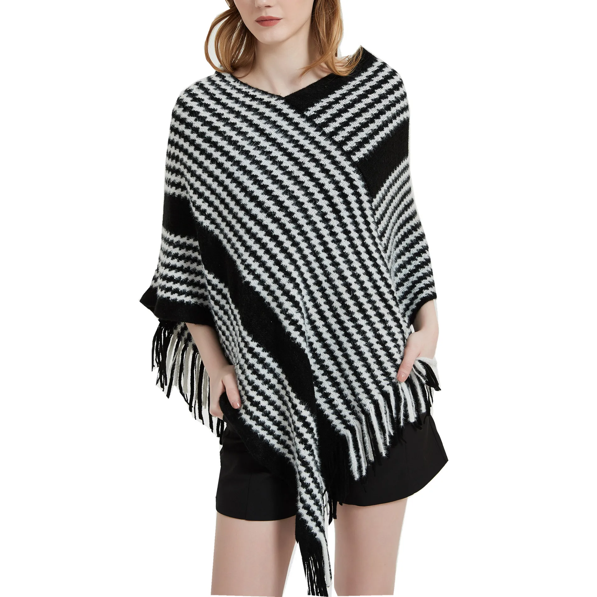 

Europe America Pullover Shawl Autumn Winter Knitwear Stripe Fashion Street Poncho Lady Capes Khaki Cloaks