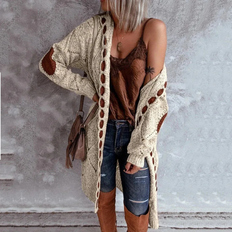 Vintage Women Oversized Hooded Long Cardigan Knitted Sweater Jumper Sweaters Knitted Plaid Casual Brown Coat Jersey Mujer Jacket