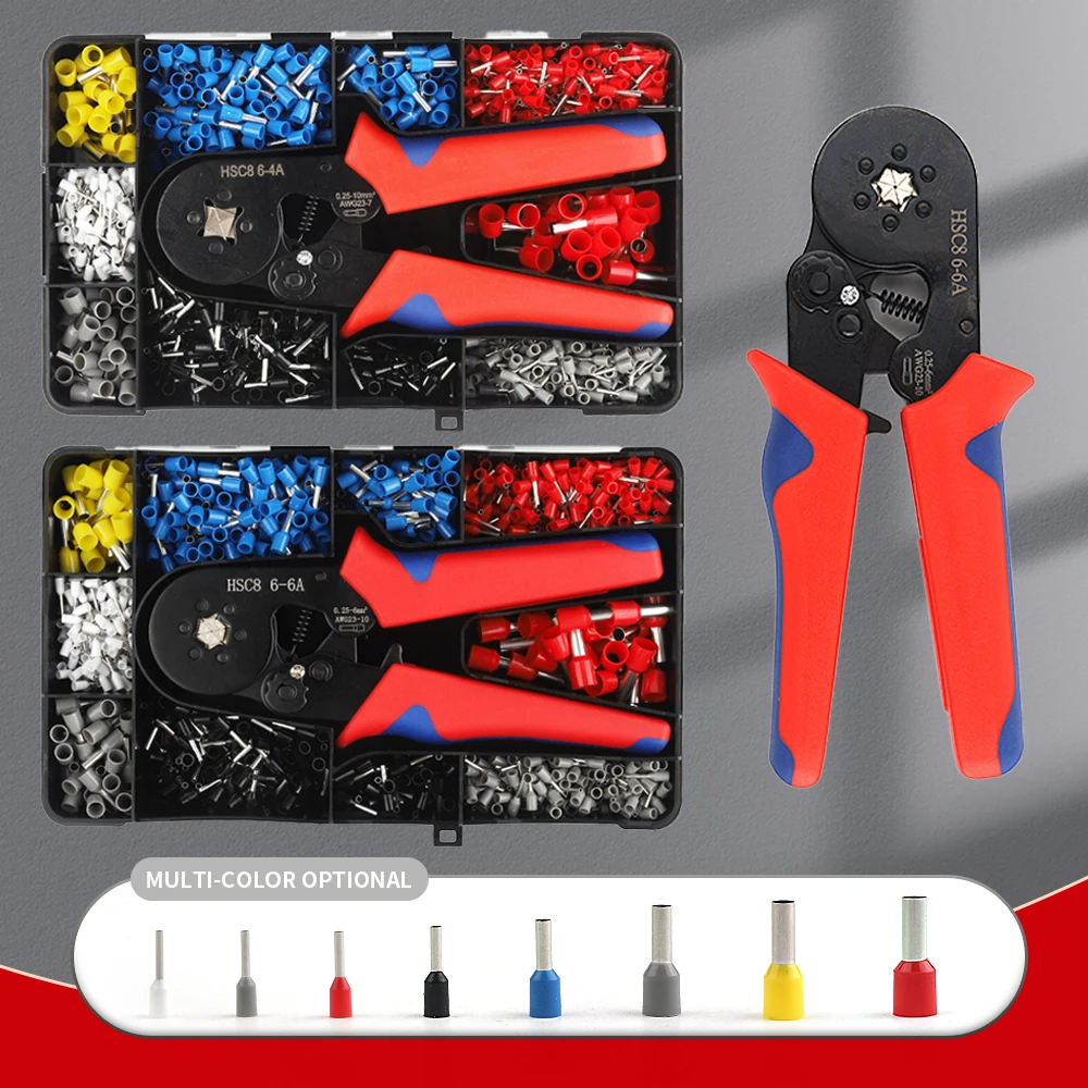 

1200PCS VE Tubular Insulated Terminal With Crimping Tool Pliers HSC8 6-4A /6-6A Kit Push-in Electrical Wire Cable Ring Connector