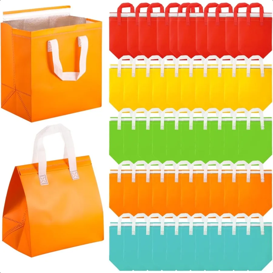 

50 PCS Insulated Take Away Bags 9.5 x 9.3 x 5.8 Inches SelfAdhesive Portable Delivery Bag 5 Colors Thermal Insulation Cooler Ca