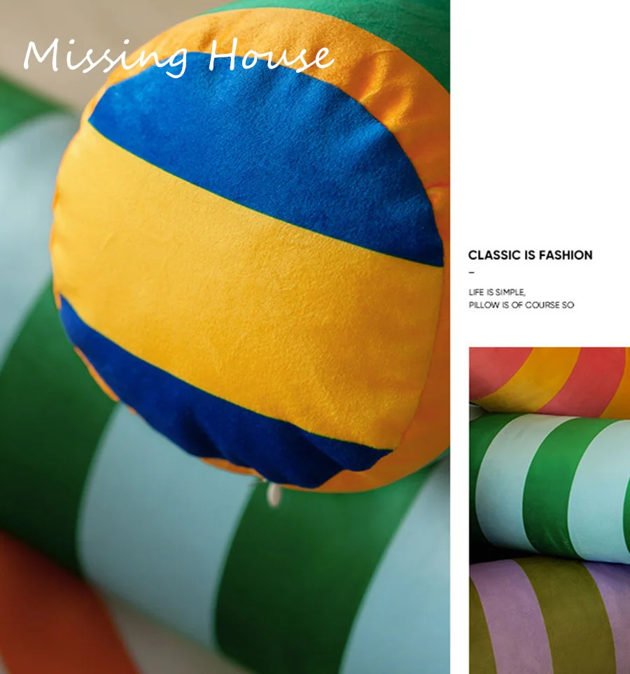 Long Column Pillows Retro Stripe Cushion Velvet Round Bed Roll Cushion Pillow with Core Living Room Sofa Long Round Waist Pillow