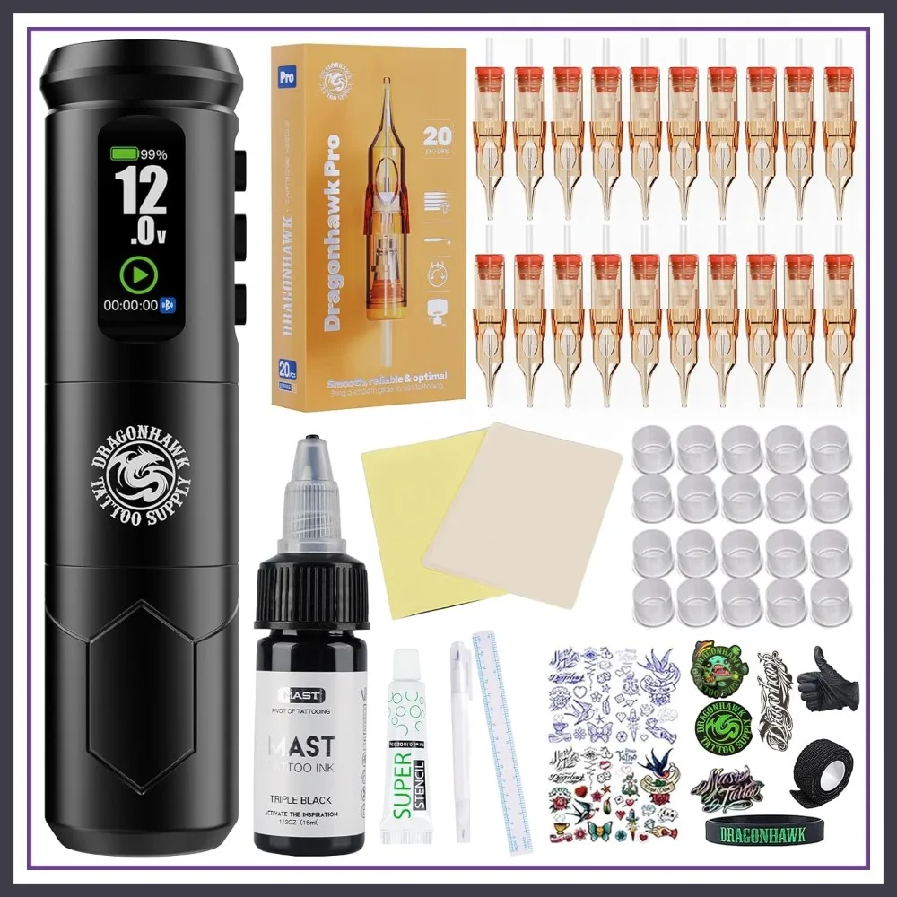 

Wireless Tattoo Pen Kit for Beginners, Complete Cordless Tattoo Machine Set with 20 Cartridge Needles, 2000mAh Battery, Black Ink & Pro Accessories