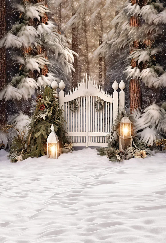 Mehofond Snowy Forest Christmas Backdrop Winter Family Kids Holiday Party Fence Lantern Snowland Decor Photography Background