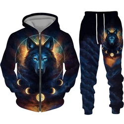 Cool Wolf 3D Print Men's Zipper Tracksuit Set Casual Hoodie And Pants 2pcs Sets Oversized Zipper Sweatshirt Fashion Men Clothing