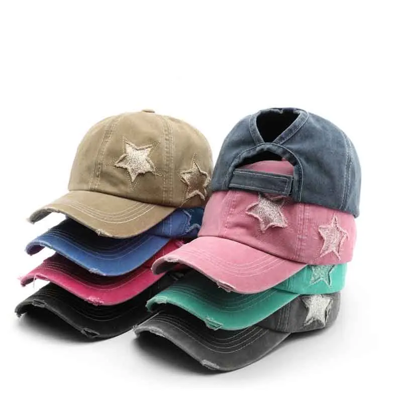 Washed Distressed Ponytail Baseball Cap Glitter Star Embroidery Adjustable Dad Hat for Women Casual Daily Wear