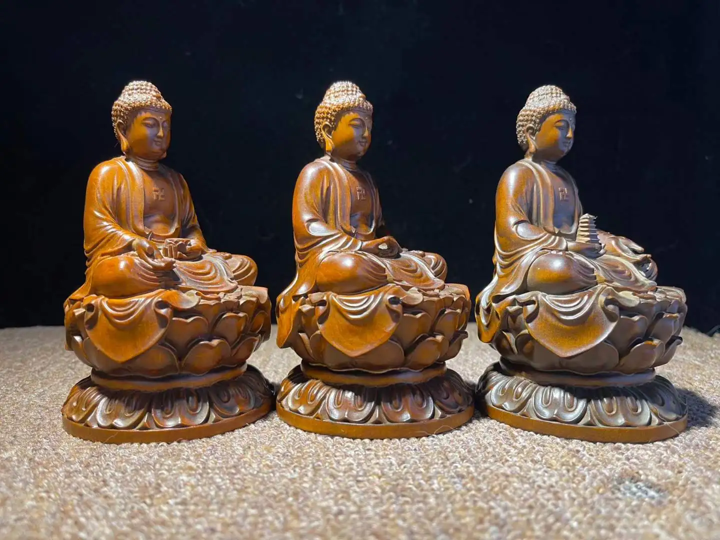BY253 - Stunning Boxwood Carved Figurine : Set of 3 Sakyamuni Buddha Buddhist