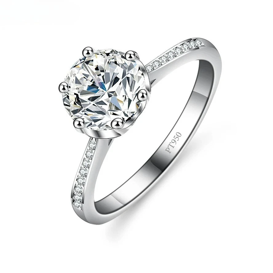 KyanGem Straight-Arm Snowflake Platinum PT950 Moissanite Ring Elegant Six-Prong Crown Setting 2 Carat Ring Women's Jewelry