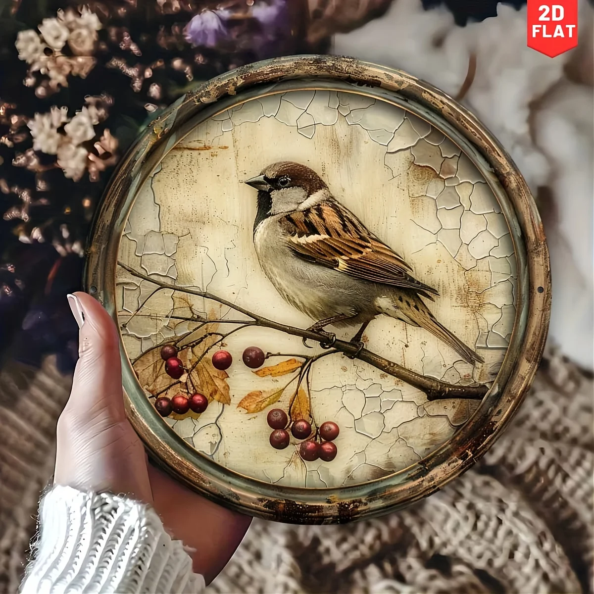 2D Flat - [2D Flat] Vintage Aluminum Sign | Bird And Cherry Theme - 8.0X8.0inch Round 2D Printed Wall Hanging For Home, Kitchen,