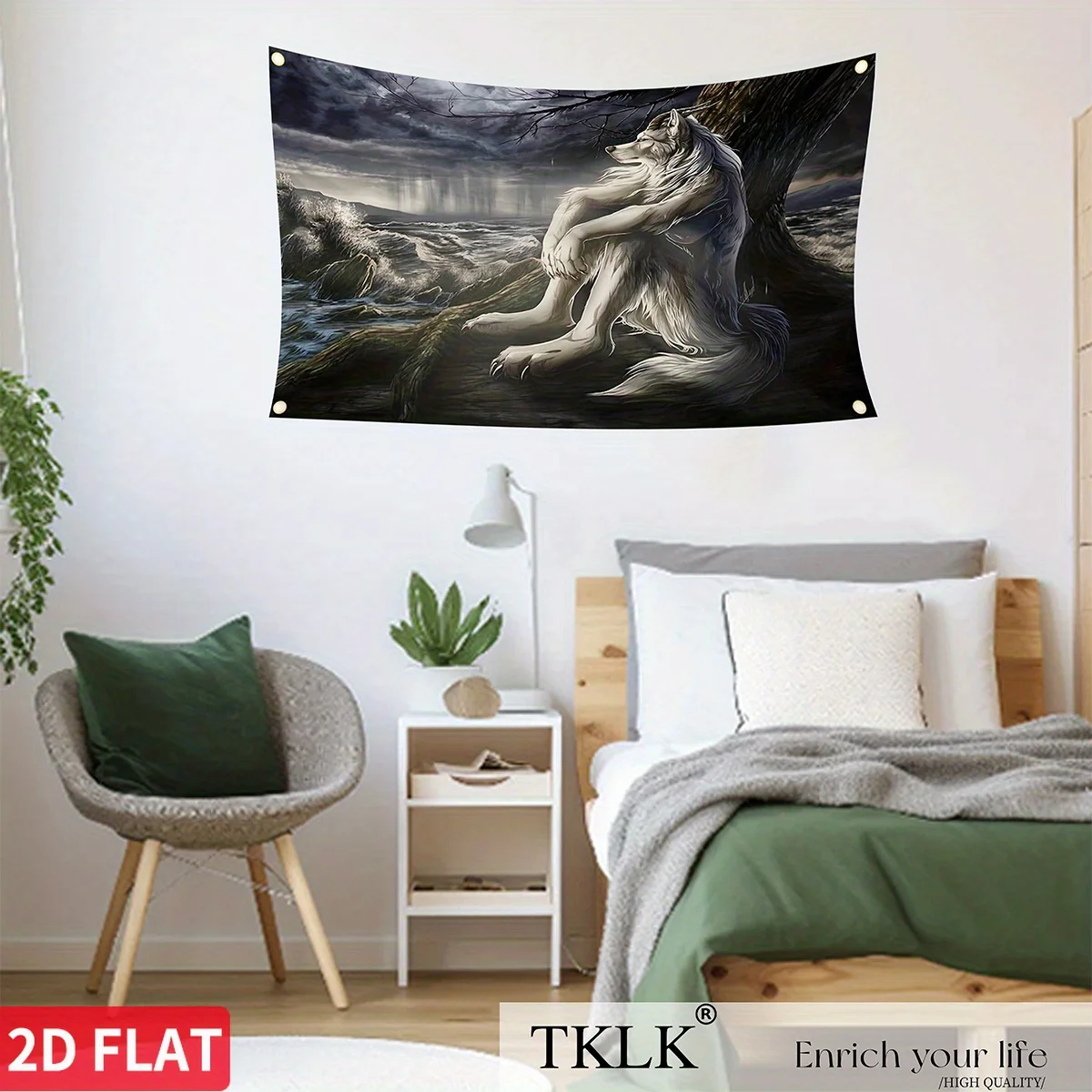 

2D FLAT EMO White Wolf Banner Tapestry, 150*90cm Multi-functional Indoor Hanging decoration, suitable for Men Cave Wall Decor