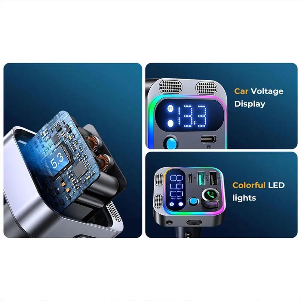 48W Auto-Adapter Bluetooth 5.2 FM-Transmitter für Auto PD&QC3.0 Autoladegerät Bluetooth-Adapter Dual Mic Deep Bass Sound Freisprecheinrichtung