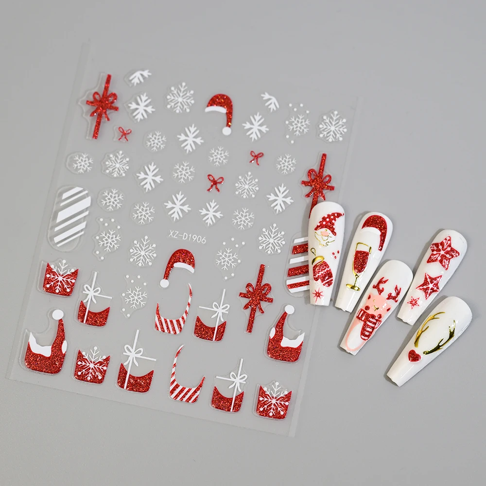 1 szt. Naklejki na paznokcie 3D z czerwonym brokatem, świąteczne kokardki, błyszczące czerwone koronkowe wstążki, samoprzylepne naklejki na paznokcie, DIY świąteczne naklejki na paznokcie