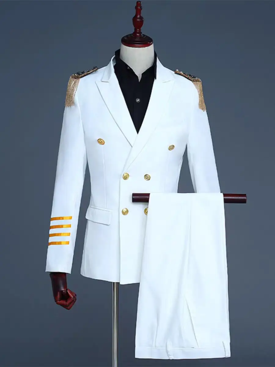 ชุดสูทผู้ชายสไตล์ทหาร พร้อมพู่ประดับไหล่ แบบกระดุมสองแถว สำหรับงานปาร์ตี้ การแสดงบนเวที พิธีกร ดีเจ