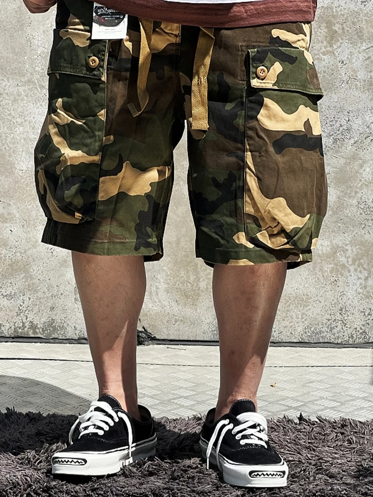 Vintage Camouflage Branch Pattern Five-Quarter Short Pants Multiple Pockets Workwear Style Japanese Retro Youthful Daily Shorts