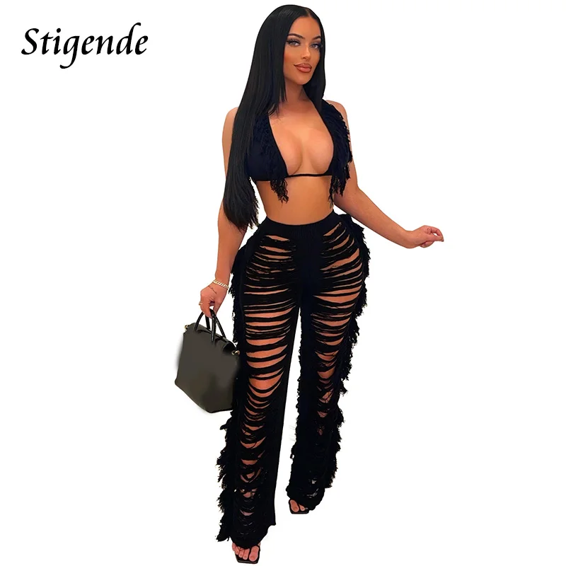 

Stigende Women Knitted Swimwear Cover Up Summer Crochet Tassel Two Piece Set Bandage Push Up Bra and Hollow Out Pants Beach Set