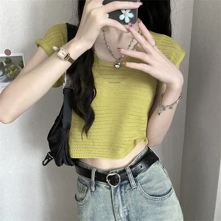 Pull fin en soie glacée pour femmes, col carré, petites manches volantes, Design, Niche, haut court, nouvelle collection 2025