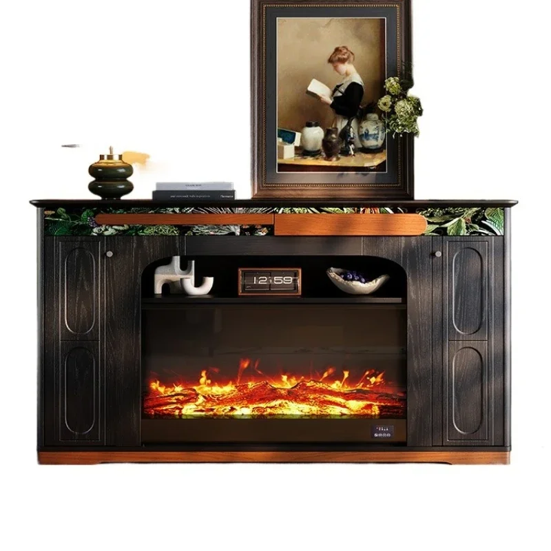 

French retro fireplace porch cabinet, living room American solid wood simulation flame heating wall