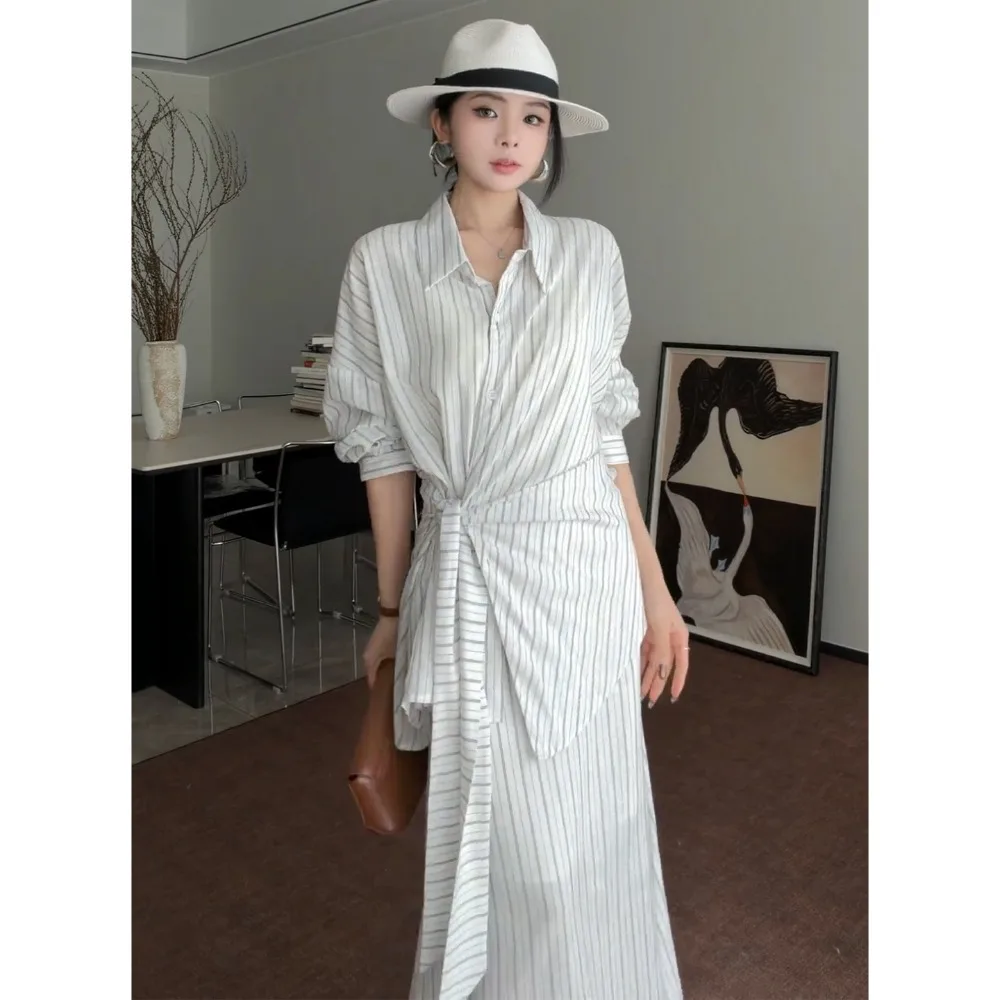 Office Commuting Outfit Set, Women's Spring and Summer Temperament Slim Fit Versatile Striped Shirt Half Skirt Two-piece Set