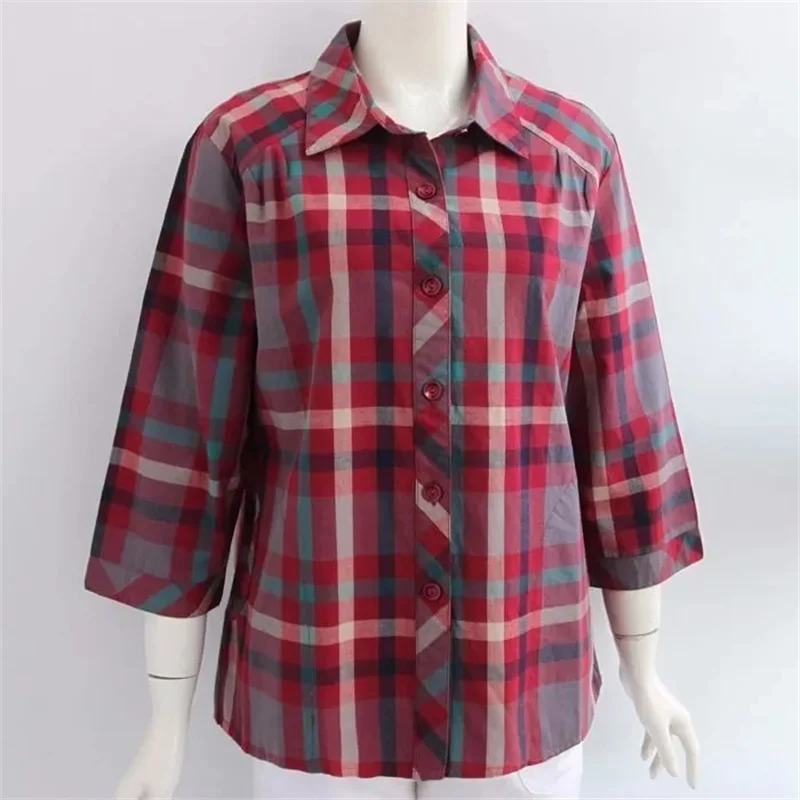 Middle aged and elderly women's all cotton plaid shirt, summer mother grandmother's women's pure cotton quarter sleeved shirt