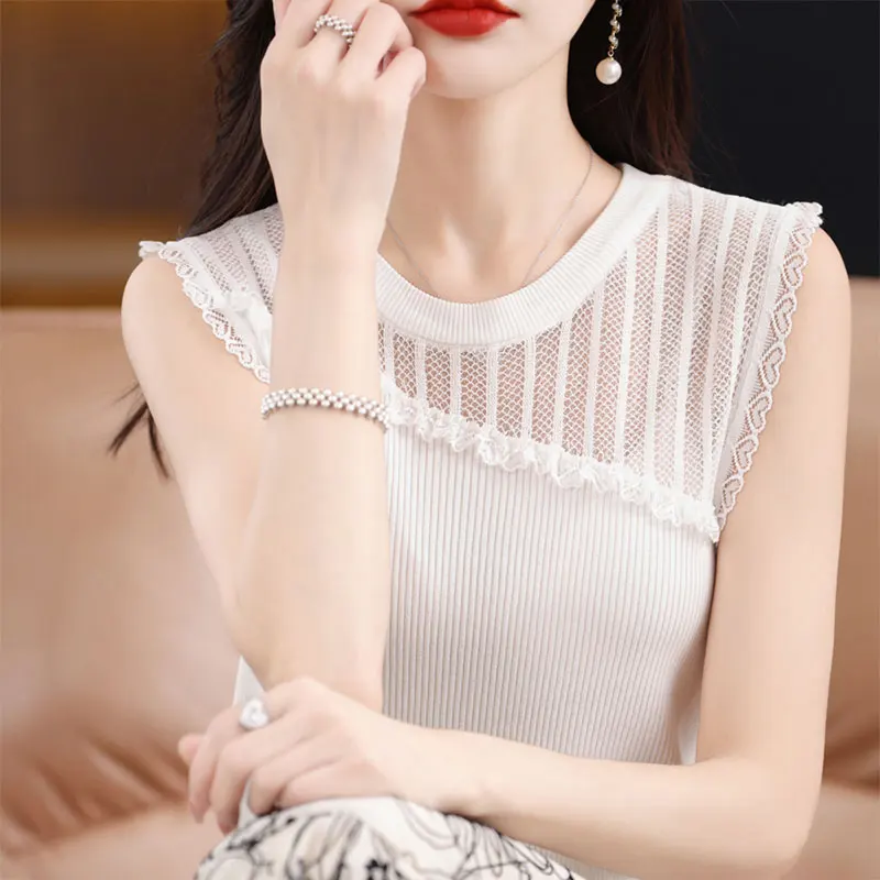 

Elegant Fashion Harajuku Slim Fit Female Clothes Loose Casual All Match T-shirts Solid O Neck Patchwork Insert Sleeveless Tanks