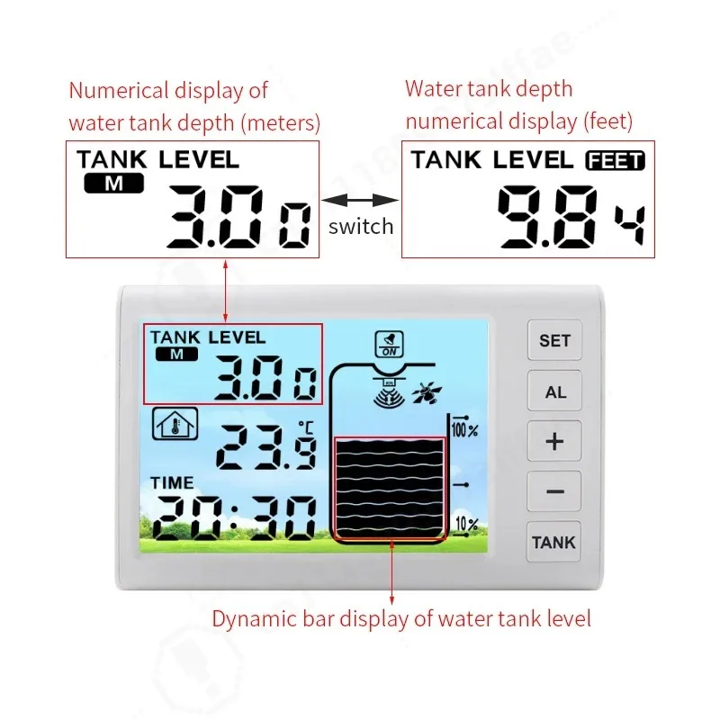 Solar Rechargeable Ultrasonic Water Level Sensor, Digital Display Multifunctional Water Tank Liquid Level Detector Monitor