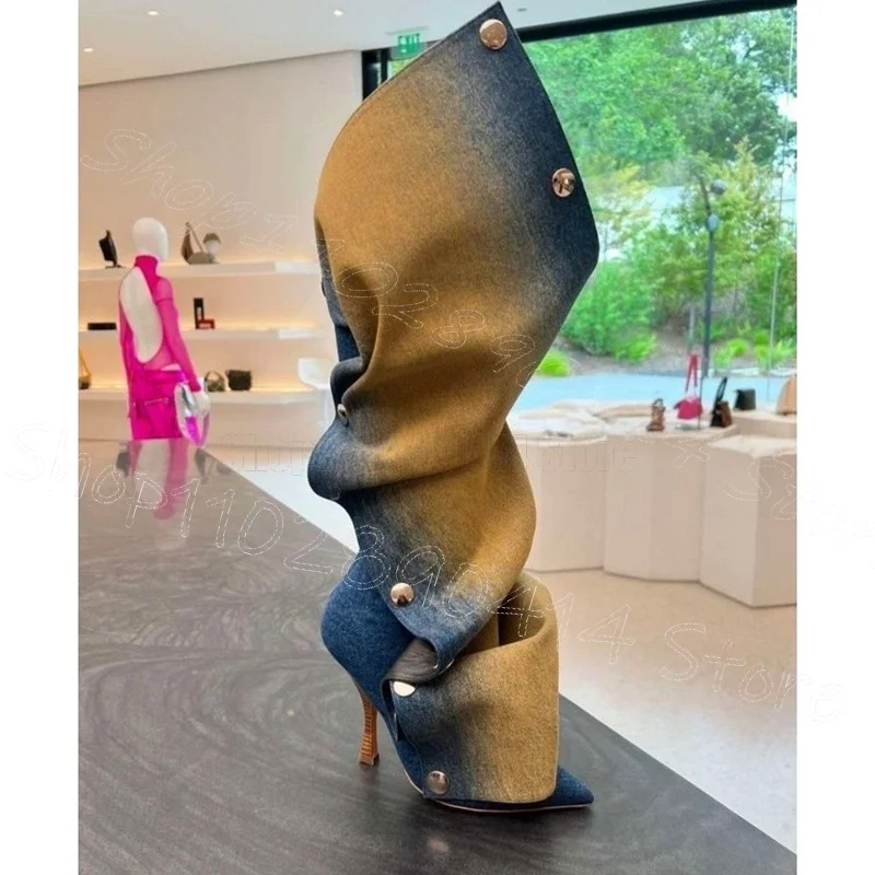 

Gradient Color Denim Pleated Metal Button Boots Slip On Women Shoes Thin High Heels Pointed Toe Party 2026 Zapatos Para Mujere