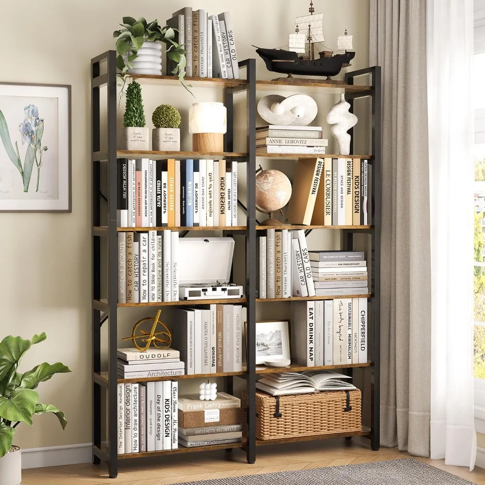 oneinmil Double Wide 6-Tier Bookcase, Industrial Bookshelf with Metal Frame, Open Large Book Shelf, Wood and Tall Display Shelve