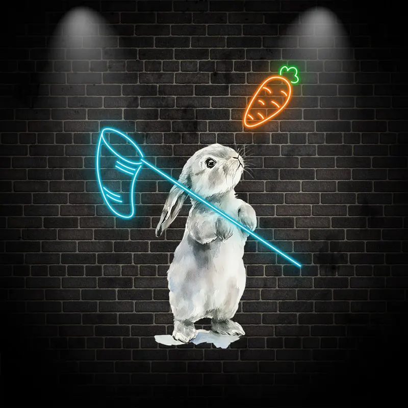 Toysign Playful Bunny Neon Wall Art – Adorable Rabbit with Carrot LED Sign, Fun Decor for Kids Room, Nursery & Kids Birthday