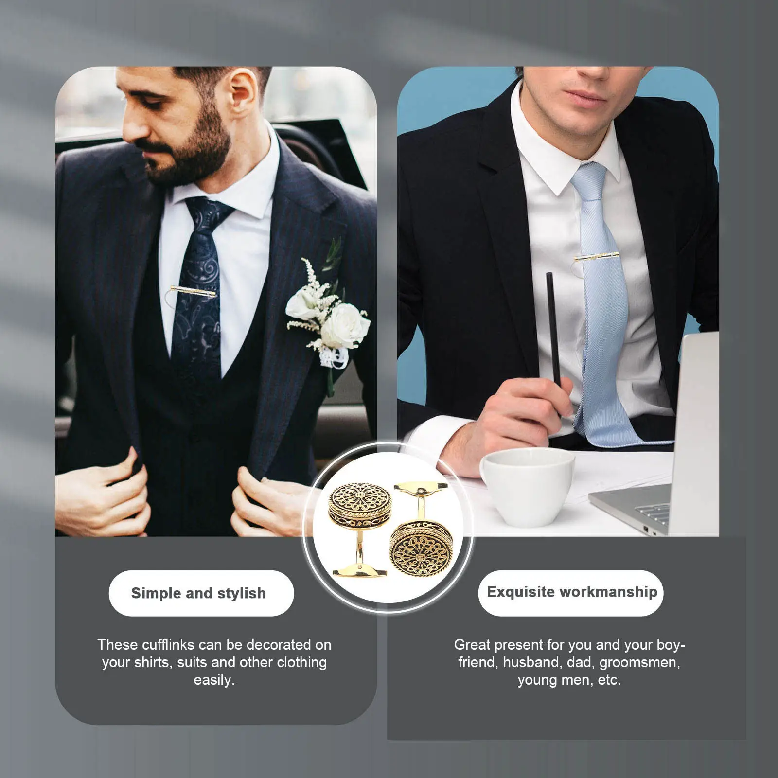2Pcs Gold Vintage Cufflinks Classic Metal Studs for Men Shirts Business Wedding Groom Gift Retro Accessories Men Gift