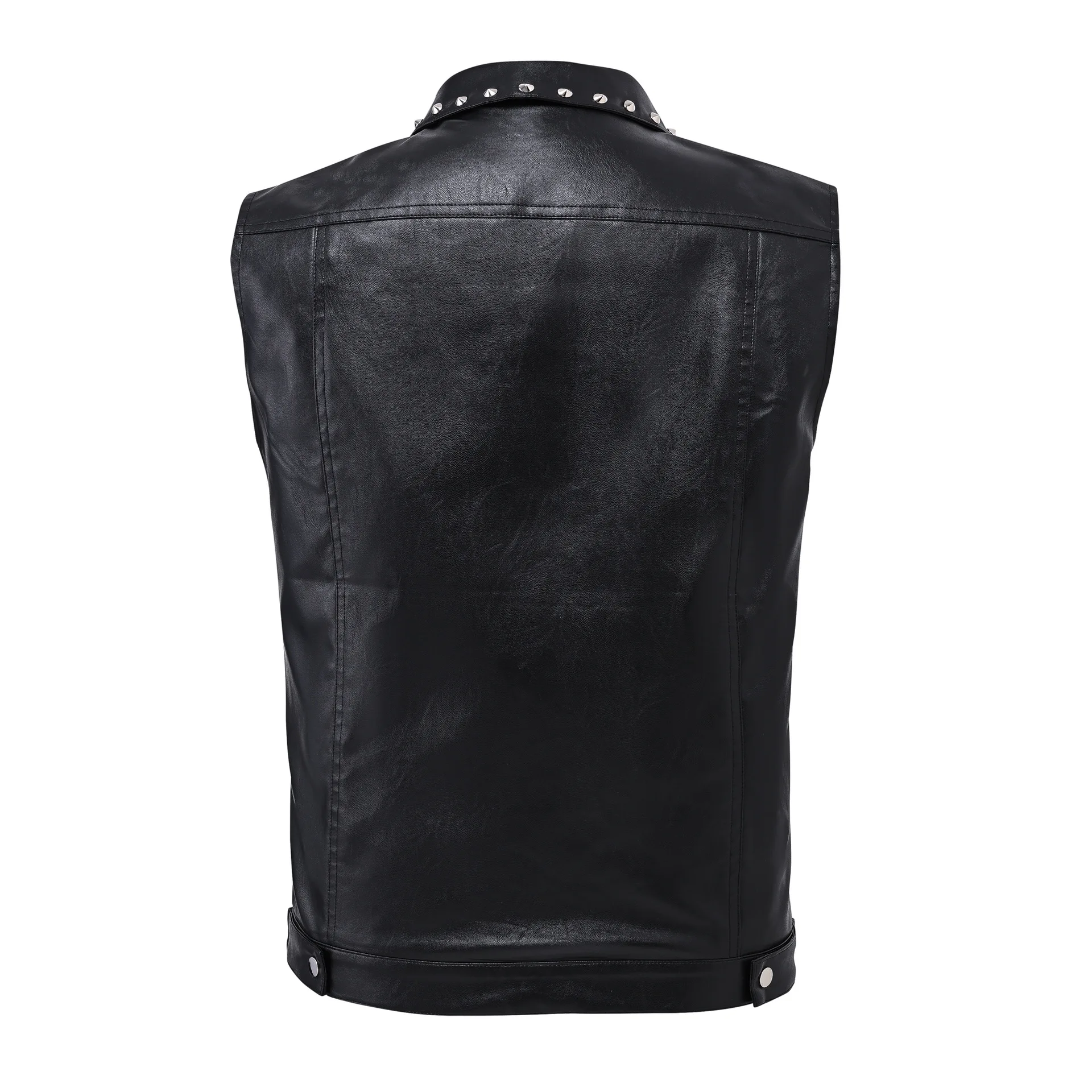 Men's Black Leather Vests Fashion Rivet Turn Down Collar Moto Biker Waistcoat Male Slim Fit Motorcycle Sleeveless Jacket Outwear