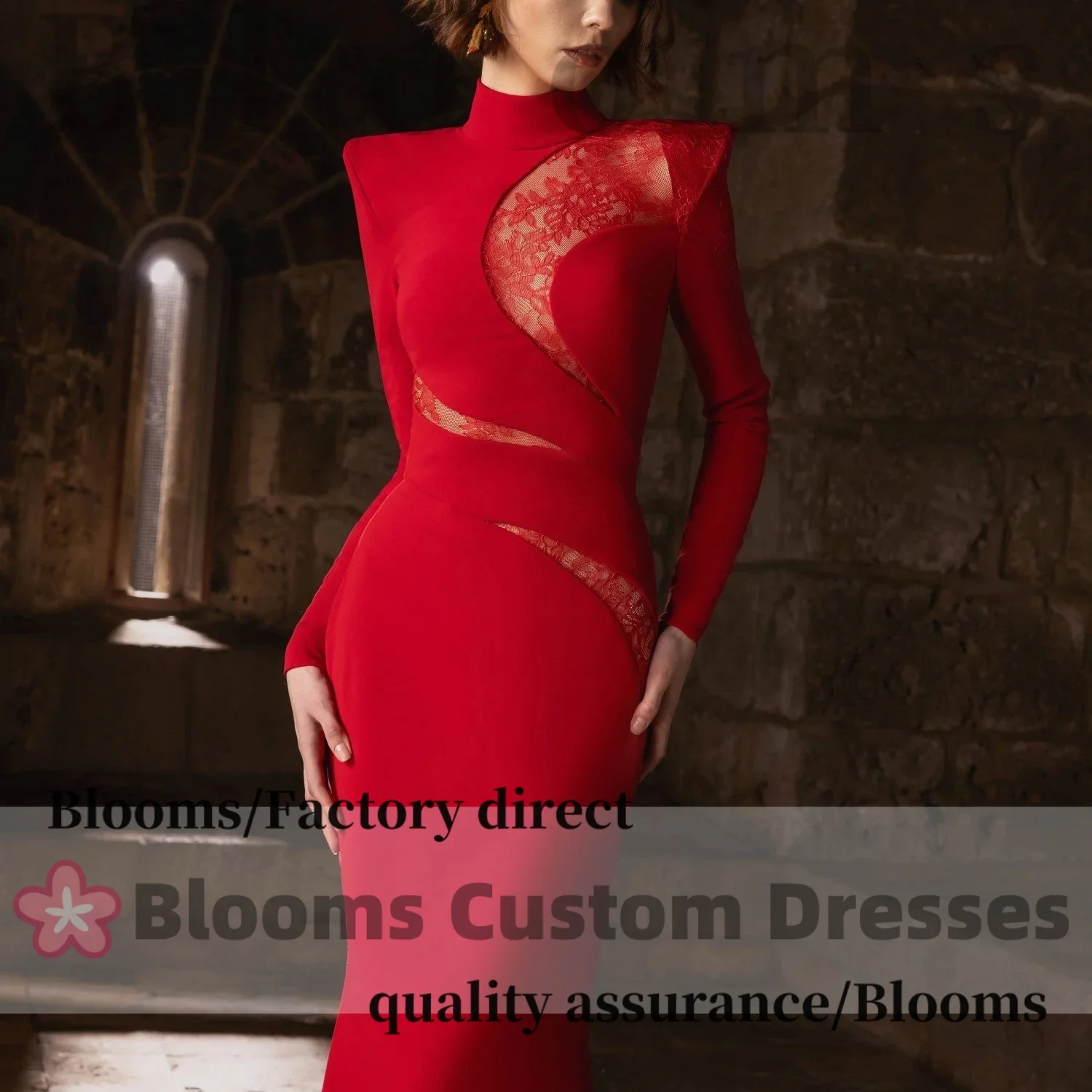 Customized High Collar Red Long Sleeves Lace Patchwork Evening Dresses For Formal Occasion Mermaid Elegant Prom Dress Party Gown