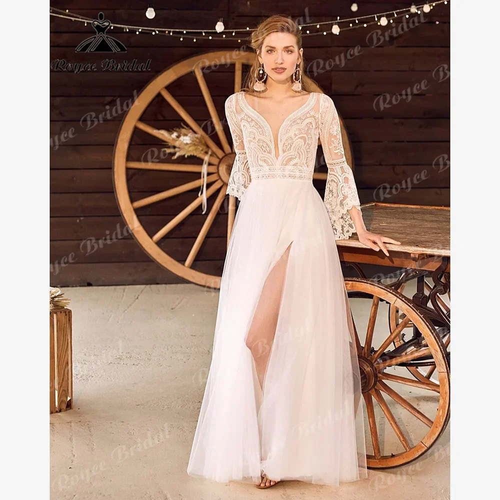 Robe mariage civile femme manga longa com decote em v divisão lateral renda corpete boho vestido de casamento para mulher 2025 vestido de noiva roycebridal