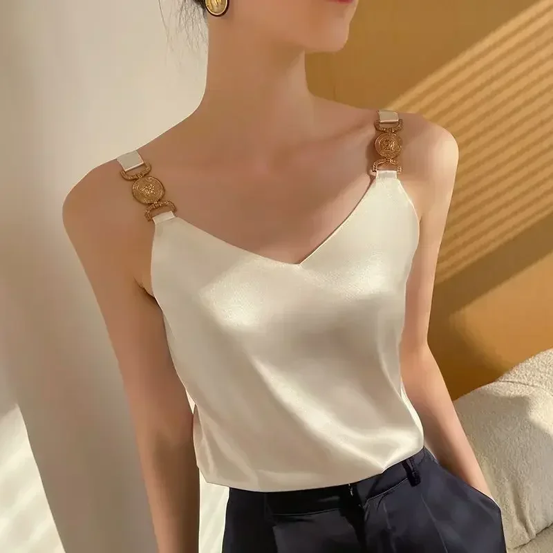 Cami Top V-neck Solid Fashion Sleeveless Top Women Temperament Elegant Office Lady Backless Top Silk Spaghetti Camis Summer 2024