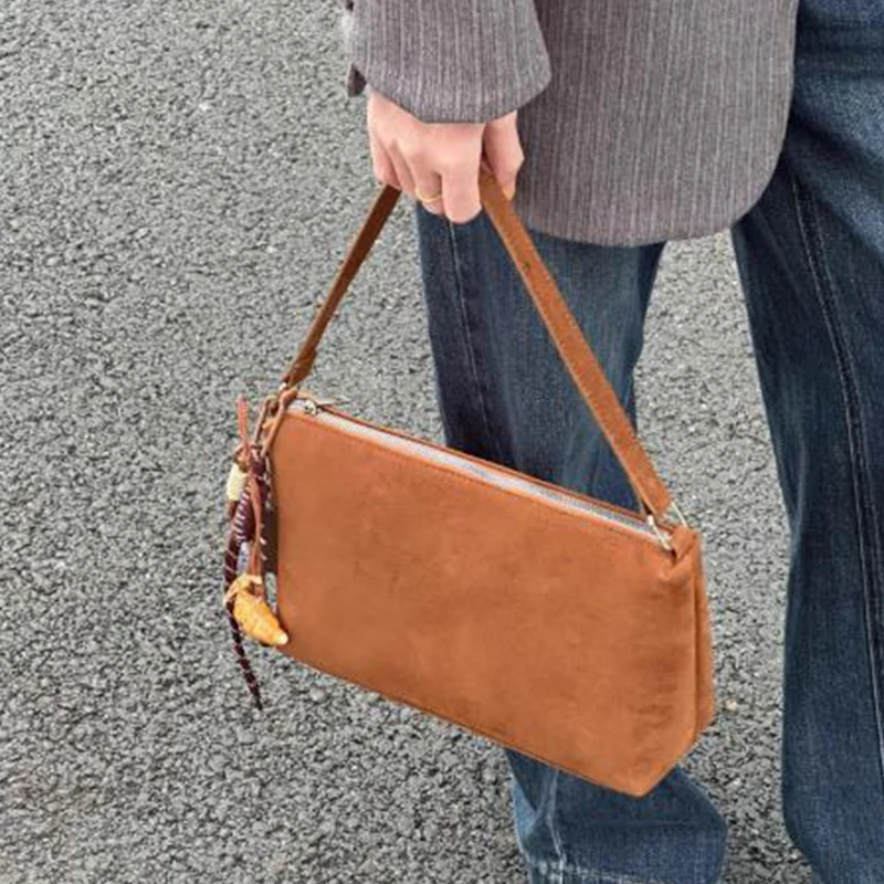 

Vintage Frosted Faux Suede Handbag for Women 2025 Winter New Rectangle Zipper Commuter Shoulder Bags Casual Brown Underarm Bag