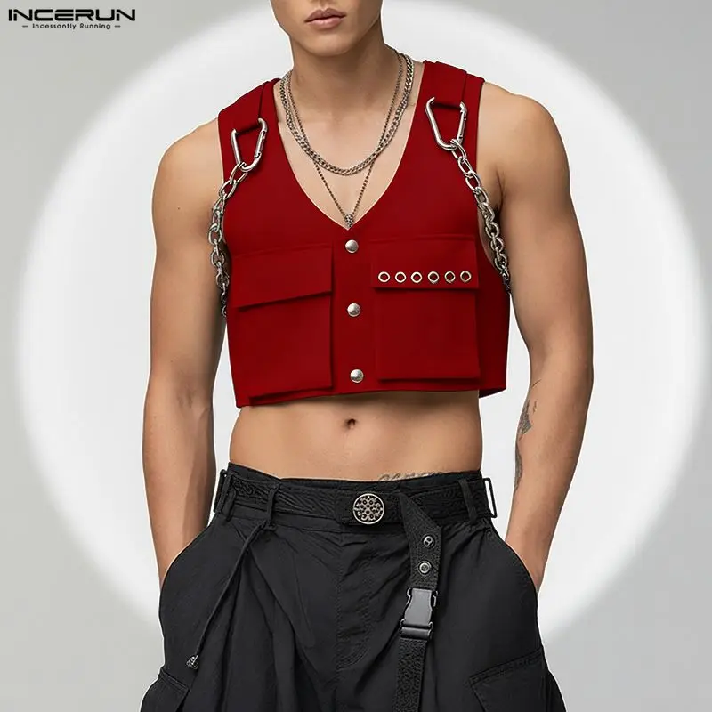 

INCERUN Men Vests Solid Color Chain Decoration V Neck Sleeveless Crop Tops Men Streetwear Fashion Casual Male Waistcoats S-3XL