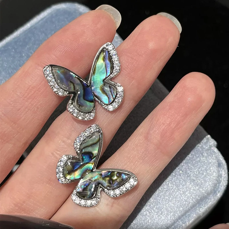 New Fashion Natural Abalone Shell Butterfly Stud Earrings for Women Silver Color Butterfly Zircon Earrings Jewelry Party Gifts