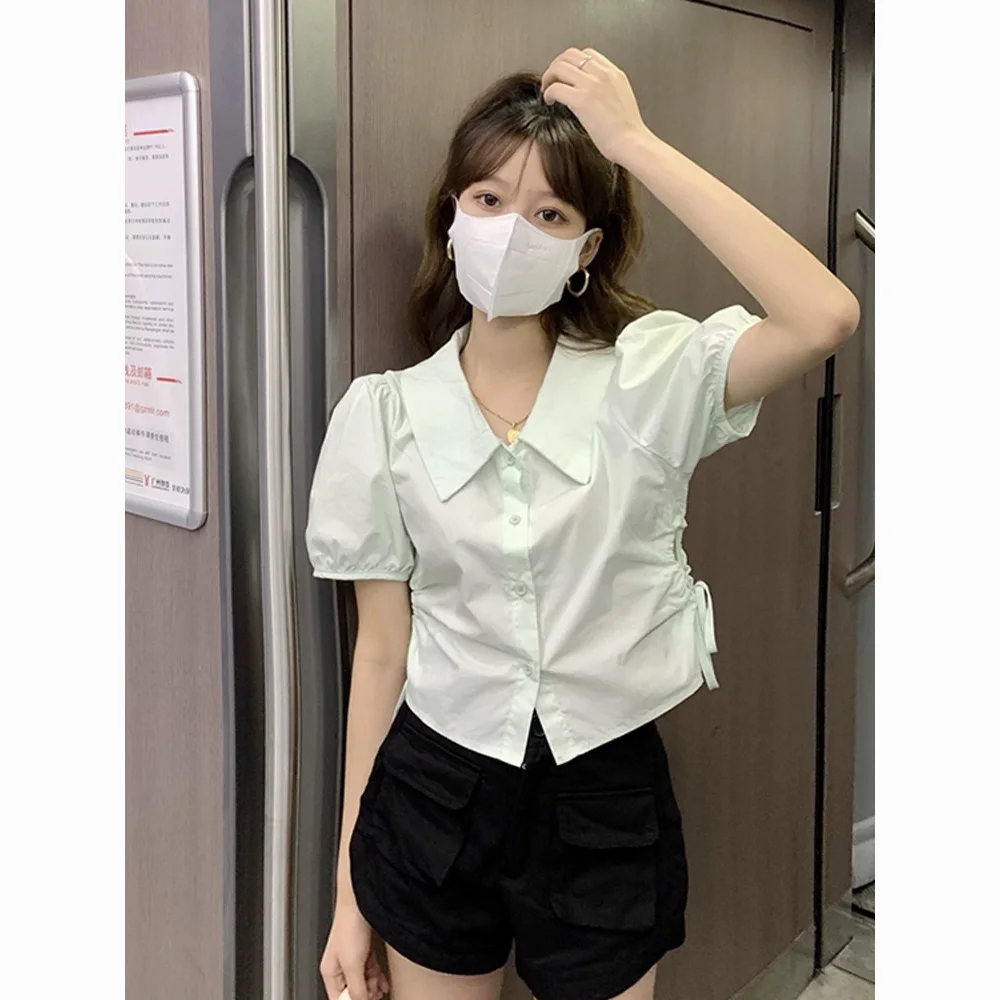 

Рубашки с коротким рукавом, женская повседневная блузка с принтом в горошек, простой отложной воротник, облегающая элегантная современная уличная одежда, шикарное лето