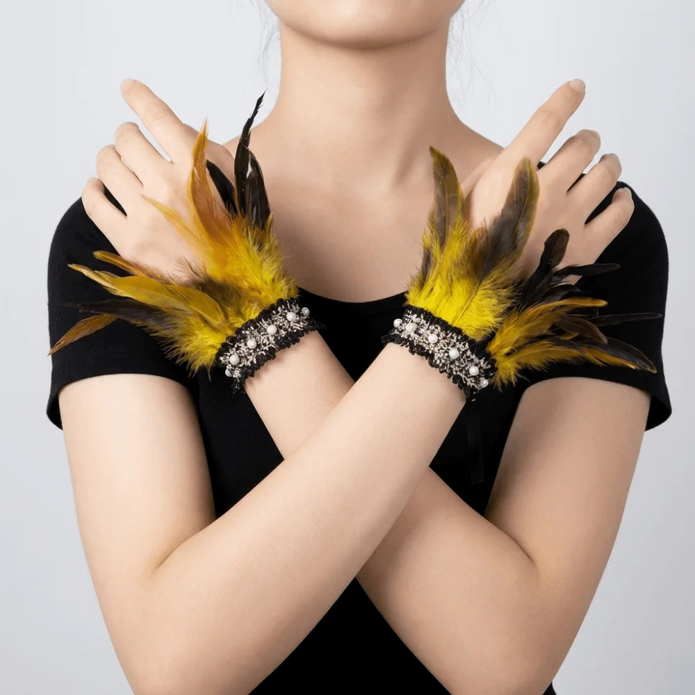 Vintage Lace Feather Wrist Cuffs Pearl Adjustable Plume Bracelet Gloves Fluffy Halloween Arm Cuff Costume Prop