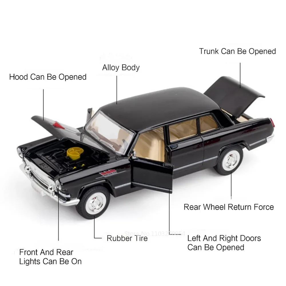 1/38 Hong Qi CA770 Model samochodu Zabawki Alloy Diecast Cars Metal Body Rubber Tire 4-drzwiowy otwarty Dźwięk Światło Pociągnij Zabawka Prezent dla dziecka