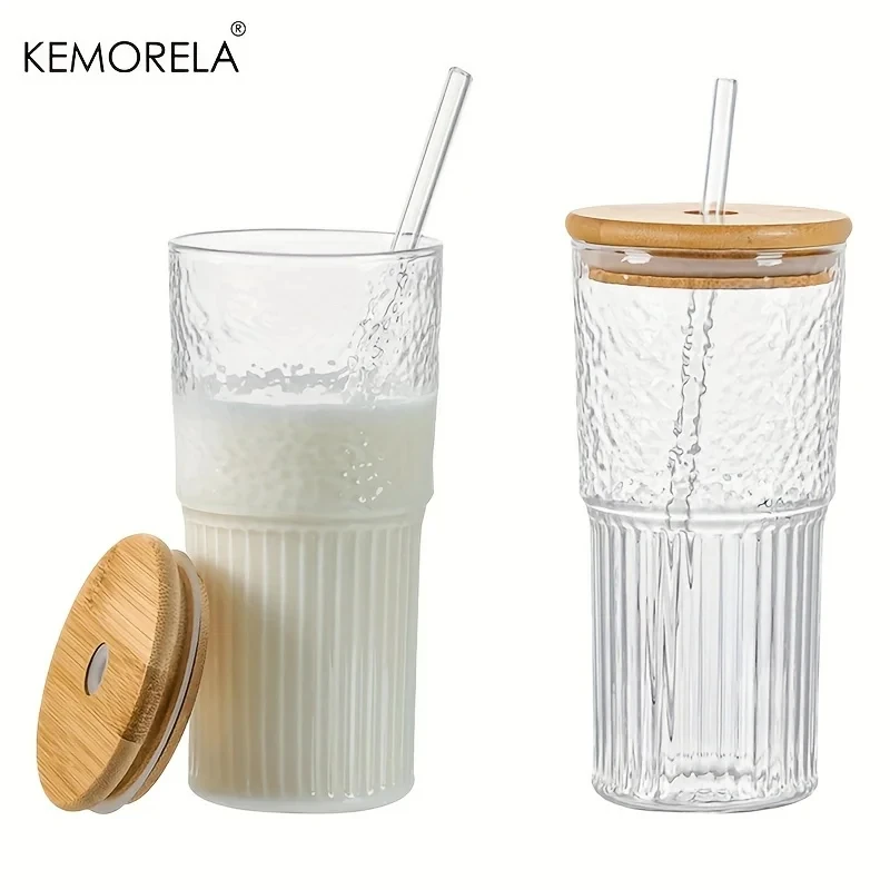 500ml Ribbed Glassware Glass Cup With Lid and Straw Drinking Glasses Cocktail Beer Iced Coffee Mug Juice Tea Cup Water Cups