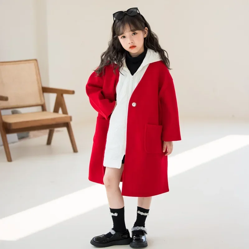 

Girls Long Cotton Coat Hooded Vest Two-piece Set 2024 Autumn and Winter Girls Clothes Children Woolen Coat