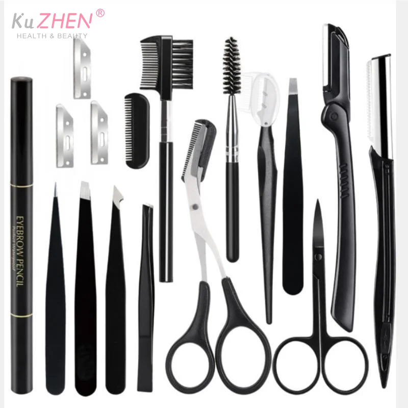 17 Pcs Eyebrow Grooming Kit With Stainless Steel Tools And Portable Bag Perfect For Daily Makeup Beauty Salon Use