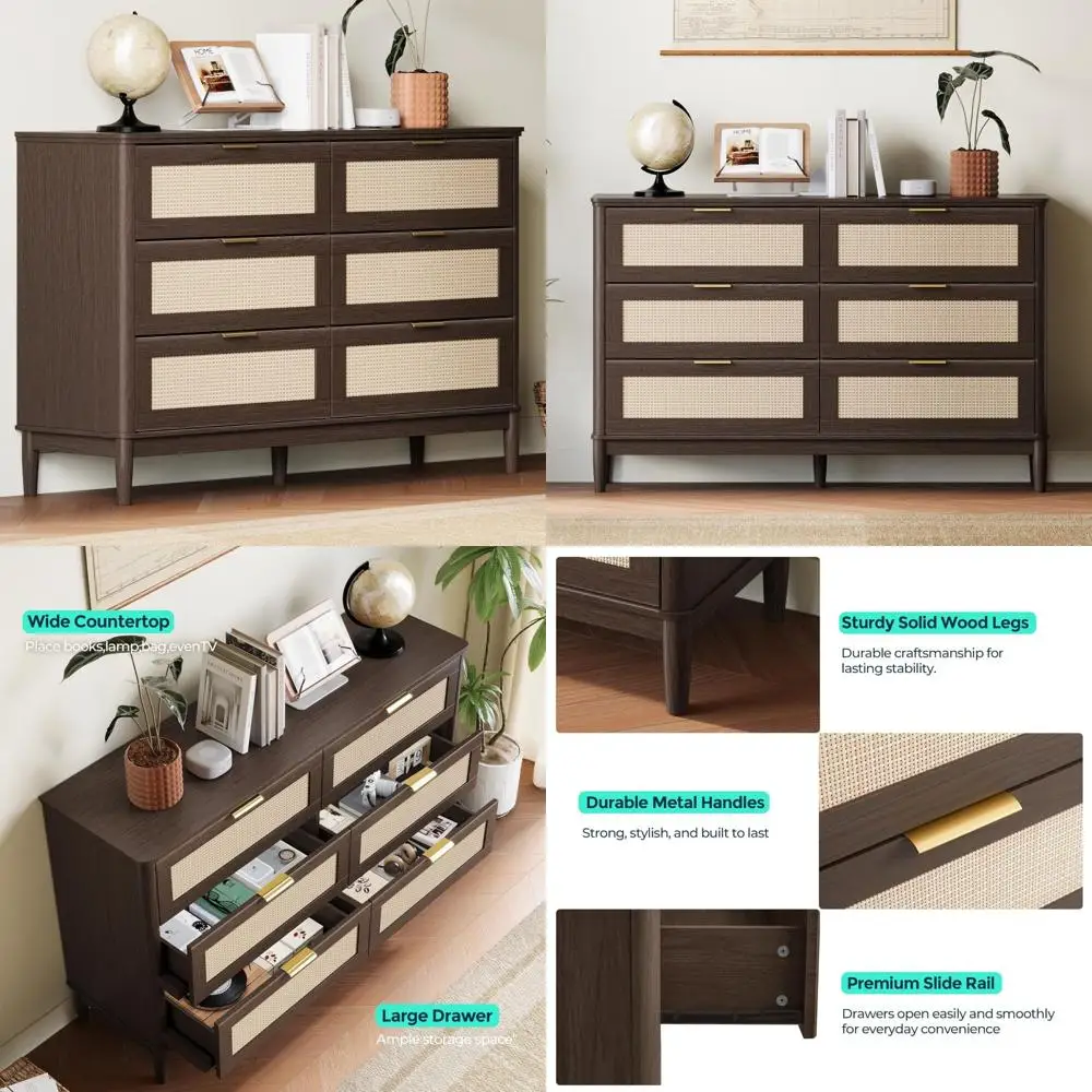 

mid-century 6-drawer rattan bedroom dresser, 47" wide metal accent chest