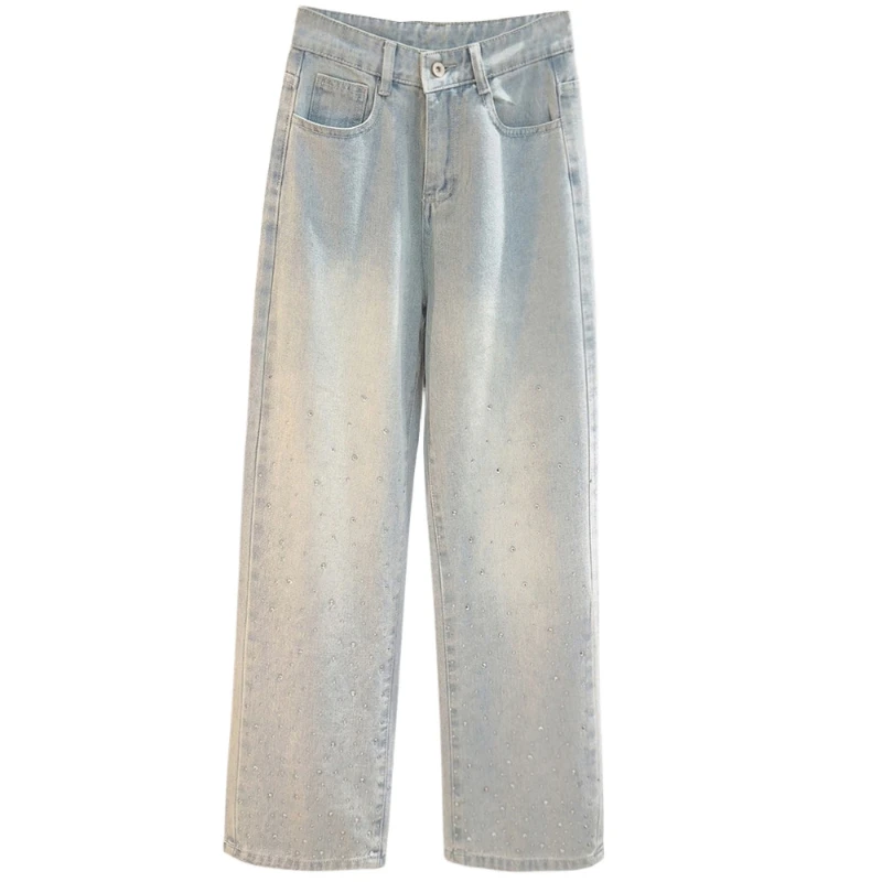 Modieuze Strass Glanzende Jeans Dames Smalle Wijde Broek Lichtblauwe Denim Broek Lente En Zomer Losse Casual Broek