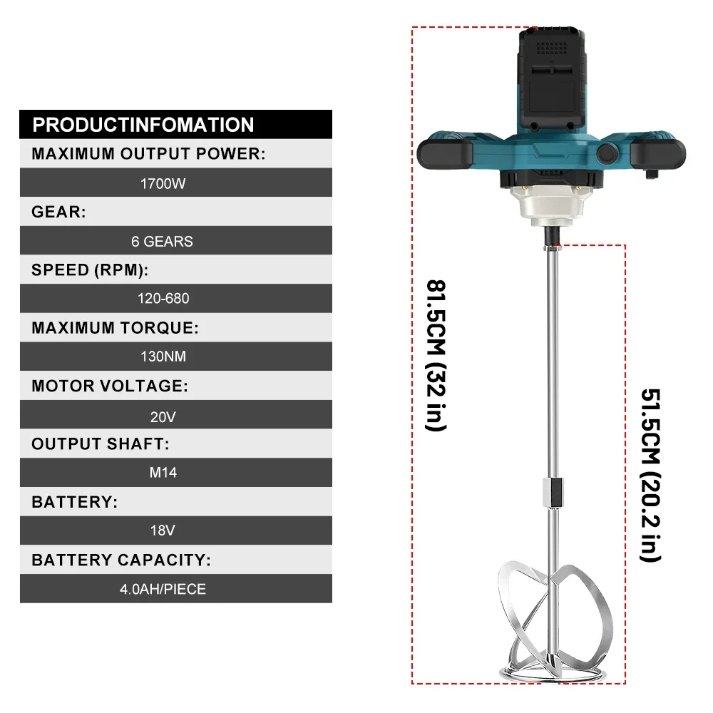 6 Speed Handheld Electric Concrete Mixer Paddle Mixer Stirrer Electric Mix Stirring Tool M14 Mixing Rod For makita 18v battery