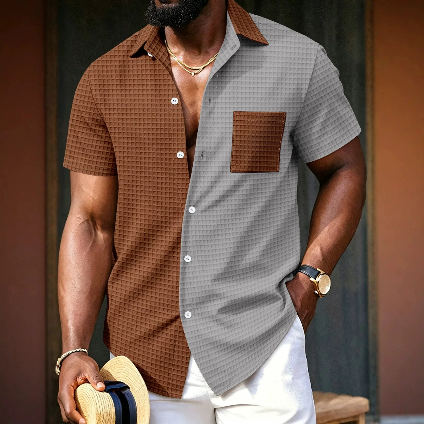 Summer new style men's plain check patterned multi-color pocket short-sleeved button-down collared button-up casual shirt